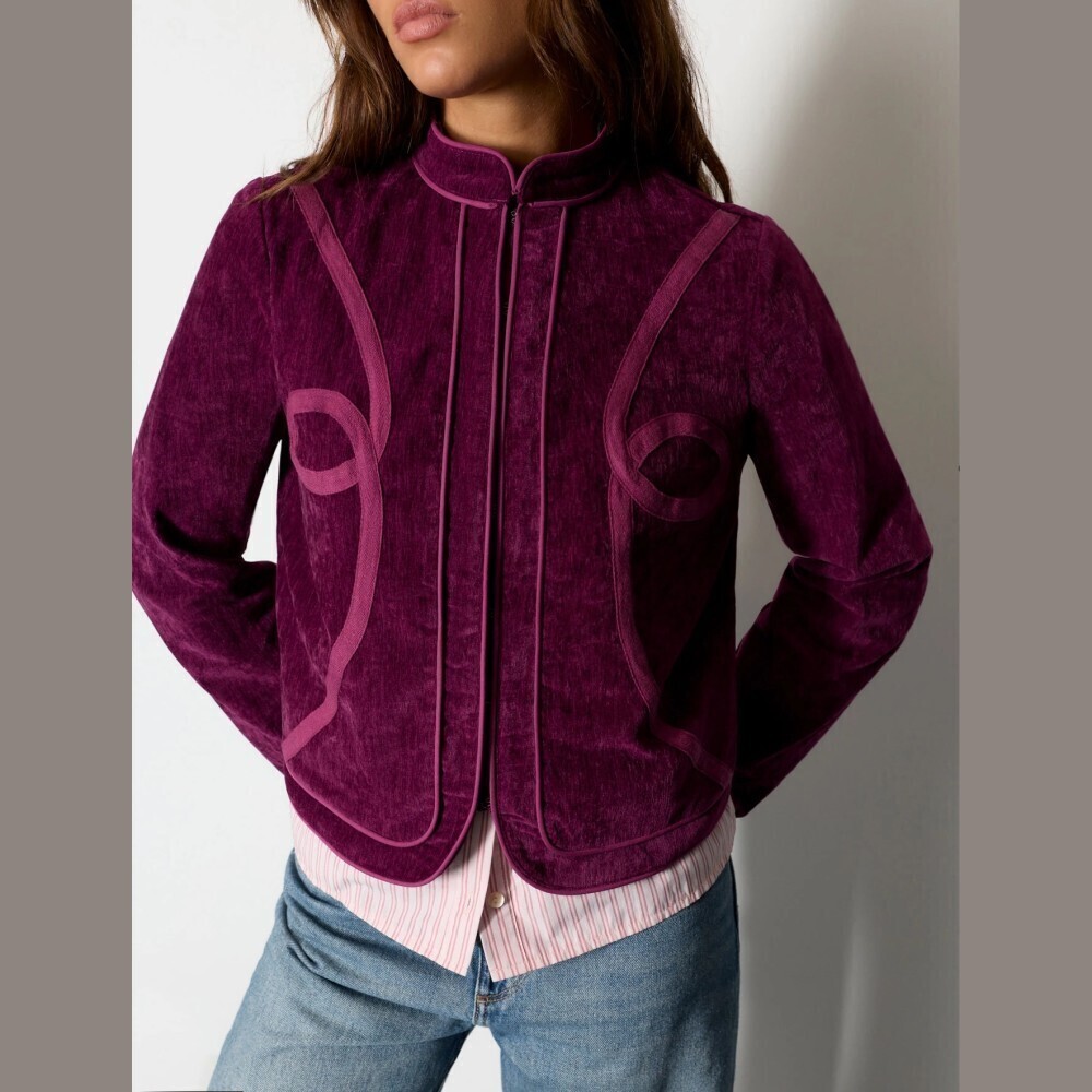 Plum Purple Velvet Pink Scroll Braid Trim Stand Collar Zip Front Long Sleeve